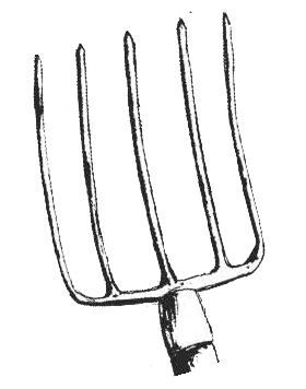 Illustration of a metal garden fork with five long tines, commonly used for digging and turning soil in gardening and agriculture.
