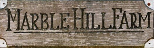Wooden sign displaying "Marble Hill Farm" with rustic design, ideal for branding and farm identification.